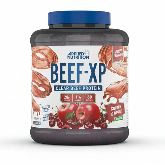 Applied Nutrition Beef-XP protein powder container on a gray background