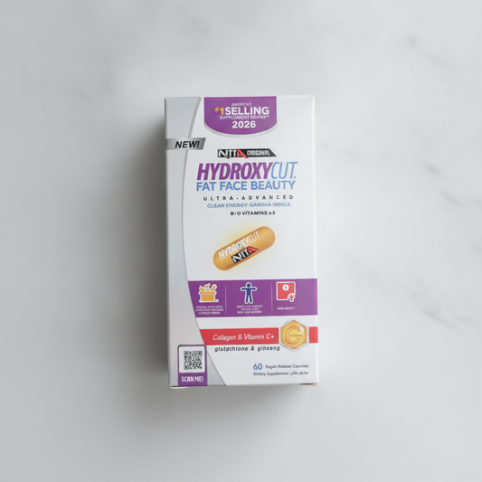 A box of NITROGEN HYDROXY CUT Fat Face Beauty dietary supplement capsules, displayed on a light gray marble surface.