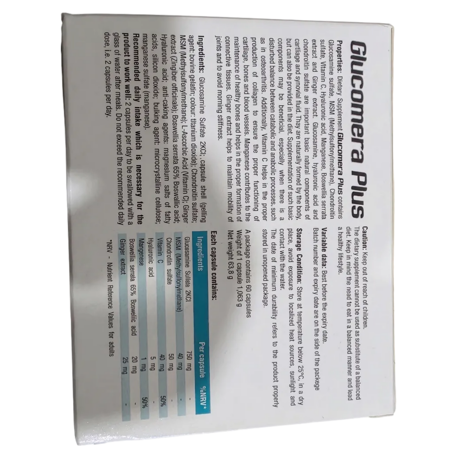 Glucomera Plus packaging with text and ingredient list on a white background