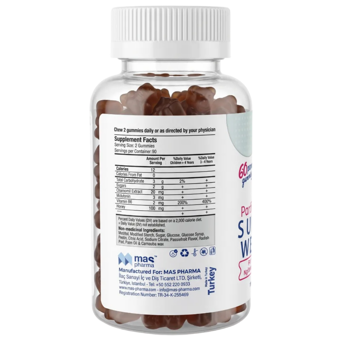 Bottle of chewable vitamins with label showing supplement facts and branding.