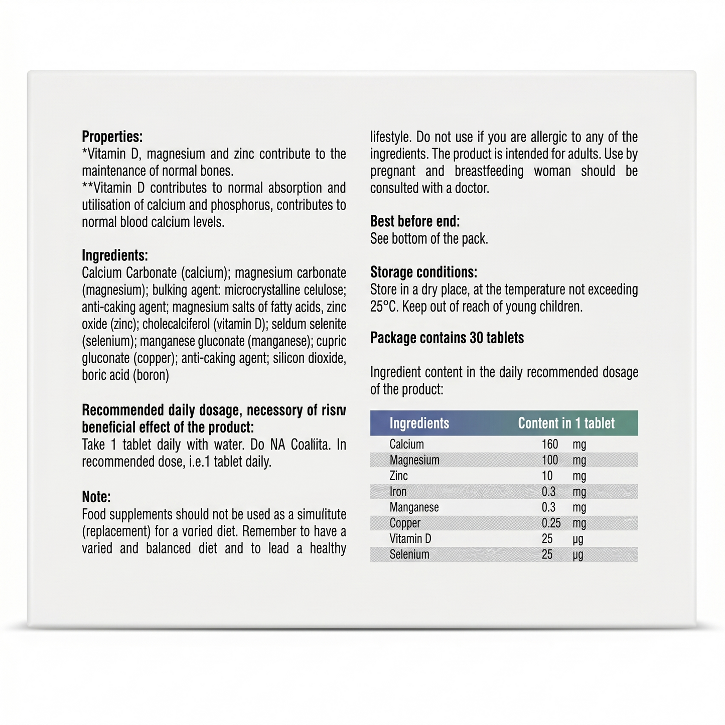 Supplement label with detailed information on ingredients, properties, and usage instructions.