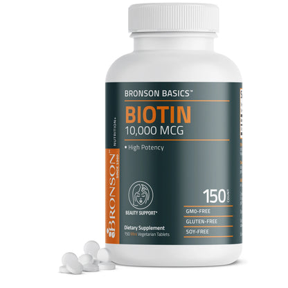 Bronson Basics Biotin supplement bottle with capsules on a white background
