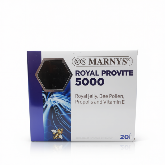 A box of Marnys Royal Provite 5000 royal jelly supplement, featuring a white and blue design with a hexagonal window showing dark jelly inside, set against a plain white background.