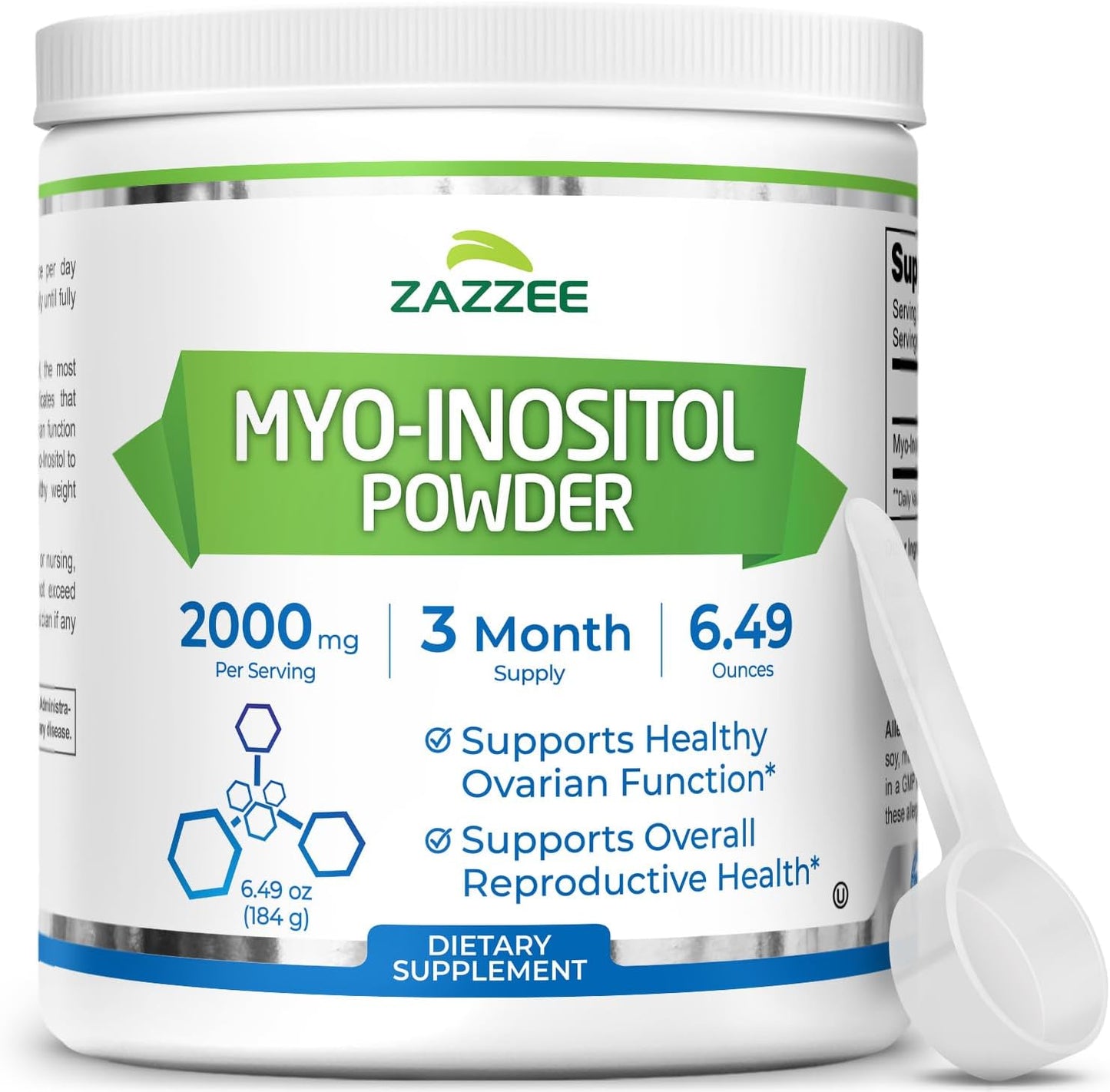 Zazzee Myo-Inositol Powder container with a scoop on a white background