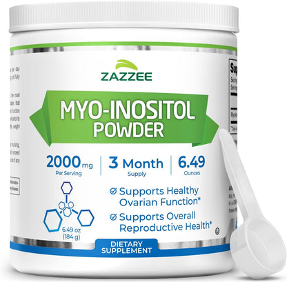 Zazzee Myo-Inositol Powder container with a scoop on a white background