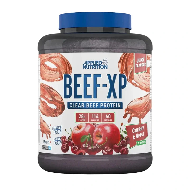 Applied Nutrition Beef-XP protein powder container on a gray background
