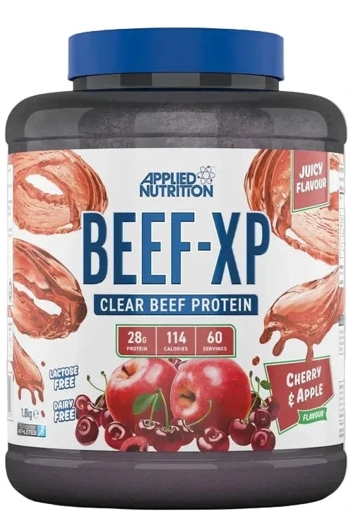 Applied Nutrition Beef-XP protein powder container on a gray background