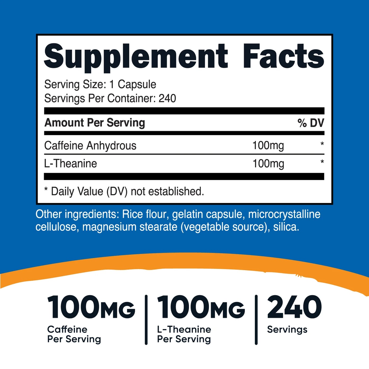 Supplement facts label with caffeine and L-theanine content on a blue background