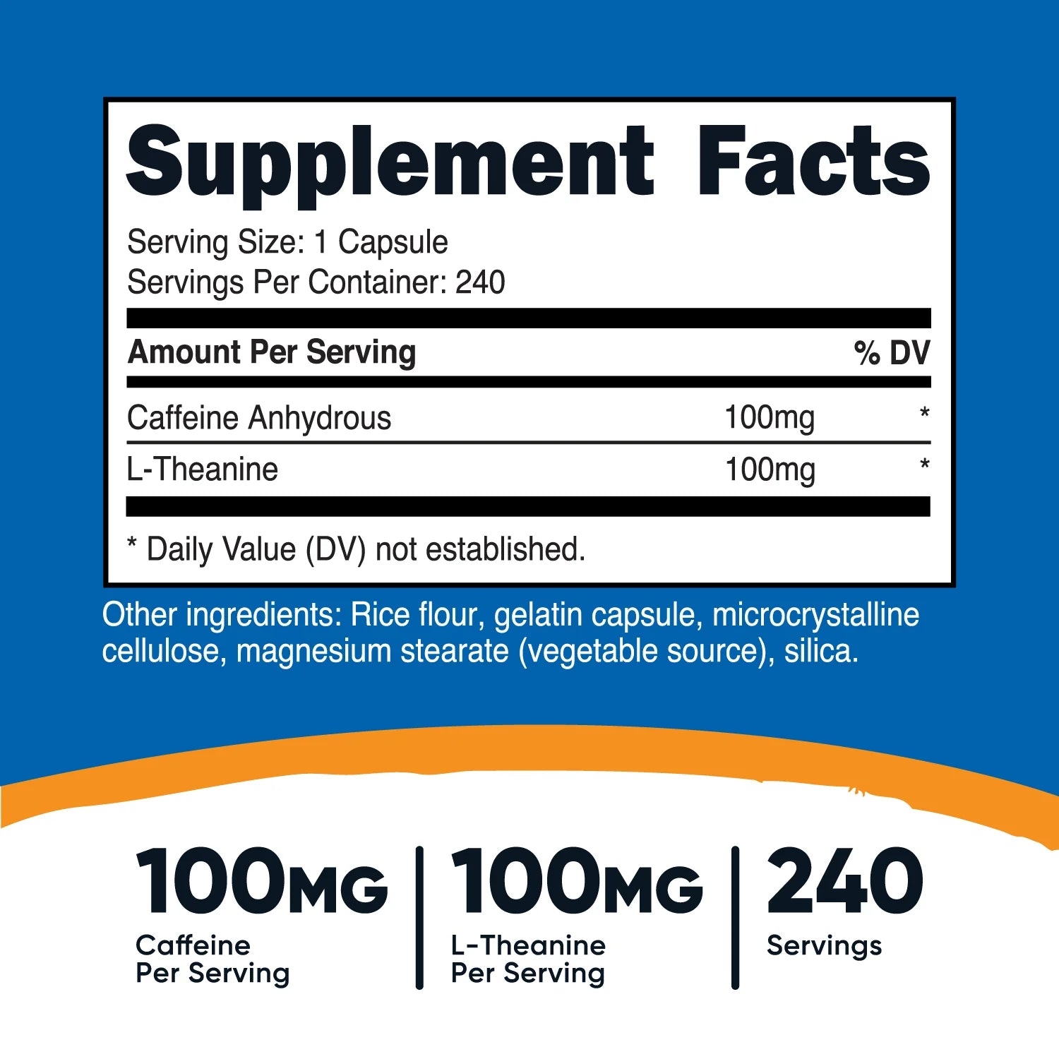 Supplement facts label with caffeine and L-theanine content on a blue background