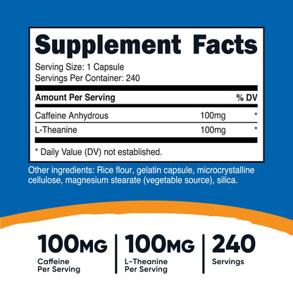 Supplement facts label with caffeine and L-theanine content on a blue background