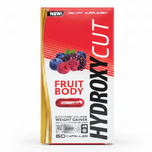 A box of Capital Labs Hydroxy Cut Fruit Body dietary supplement, featuring a red and white design with illustrations of fresh berries, set against a plain white background.