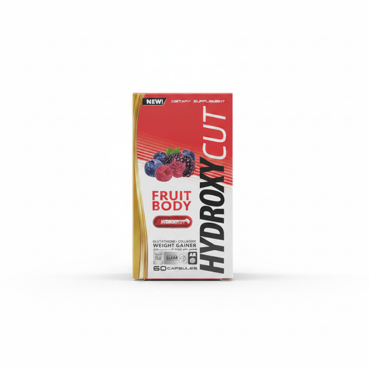 A box of HydroxyCut Fruit Body dietary supplement on a clean white background. The packaging features a red and white design with illustrations of fresh berries and a gold accent stripe on the left side.