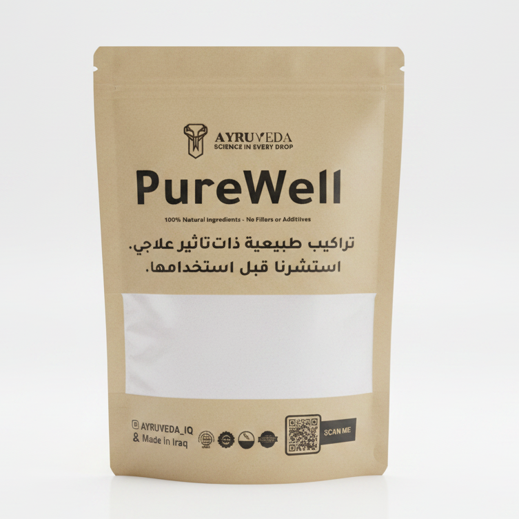 Brown packaging of PureWell on a white background