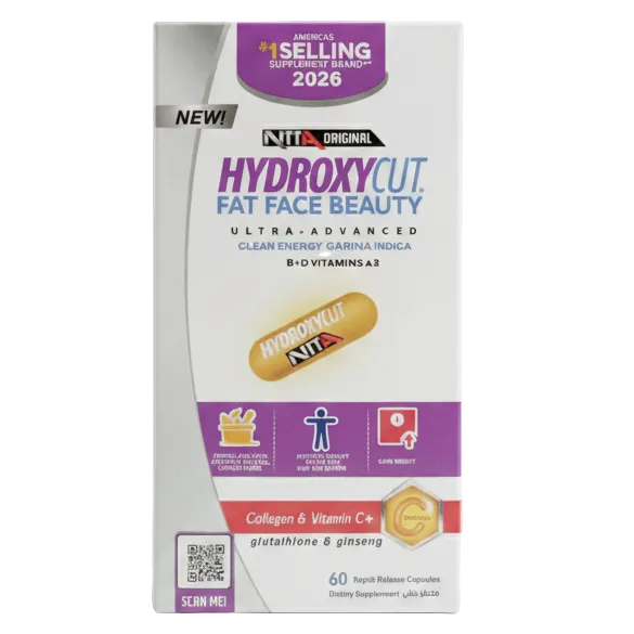A boxed skincare product labeled 'Nitro Organics HydroxyCut Fat Face Beauty' on a clean light gray studio background. The package is predominantly white with purple and pink accents, plus a small capsule illustration and a QR code near the bottom.