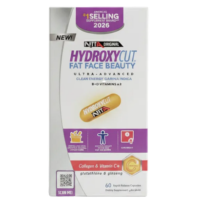 A boxed skincare product labeled 'Nitro Organics HydroxyCut Fat Face Beauty' on a clean light gray studio background. The package is predominantly white with purple and pink accents, plus a small capsule illustration and a QR code near the bottom.