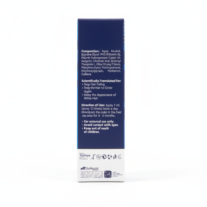 The back of a tall rectangular product box shown against a plain white background. The box is dark blue with white text and a white band at the bottom containing small logos and text.