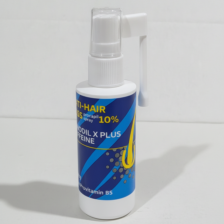 A white plastic spray bottle of hair growth spray with a blue and yellow label, set against a plain white background.