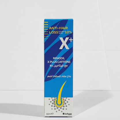 A tall rectangular product box for Minodil X Plus Caffeine anti-hair loss treatment, shown upright on a clean white studio background. The box is predominantly blue with yellow and white text and graphics, including a stylized hair follicle illustration near the bottom.
