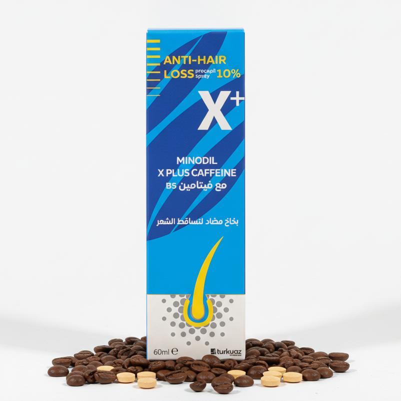 A boxed hair loss treatment product labeled 'ANTI-HAIR LOSS X+' stands upright on a white studio background, surrounded by scattered brown and beige tablets. The package is predominantly blue and white with yellow accents and Arabic text.