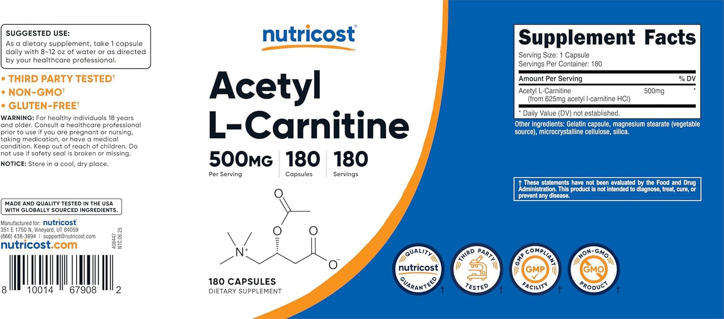Acetyl L-Carnitine 500mg - 180 Caps