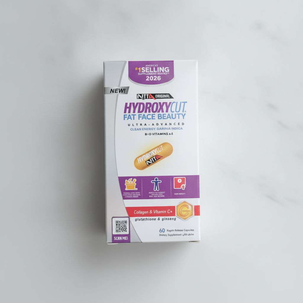 A box of NITROGEN HYDROXY CUT Fat Face Beauty dietary supplement capsules, displayed on a light gray marble surface.