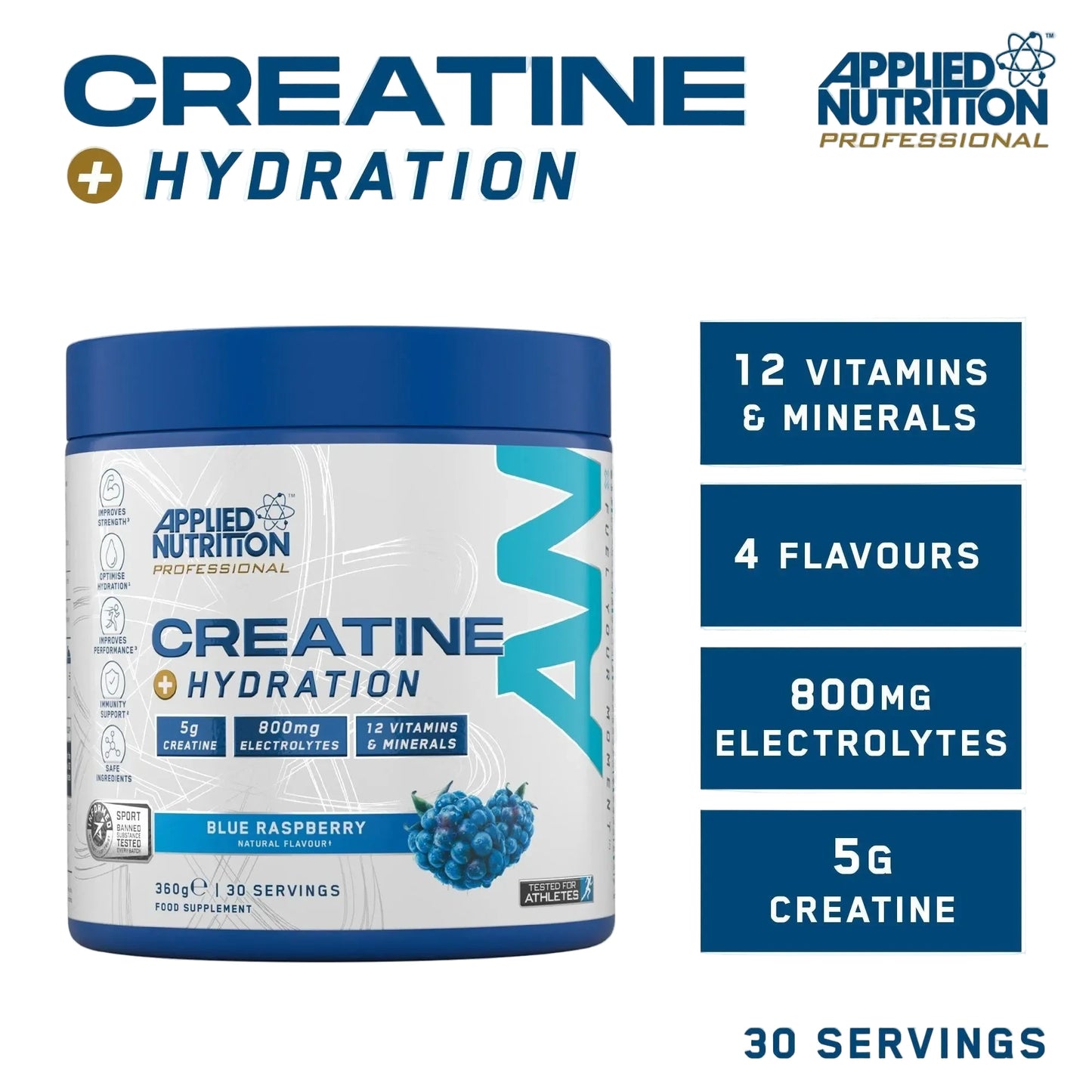 Applied Nutrition Creatine + Hydration supplement container with product details on a white background