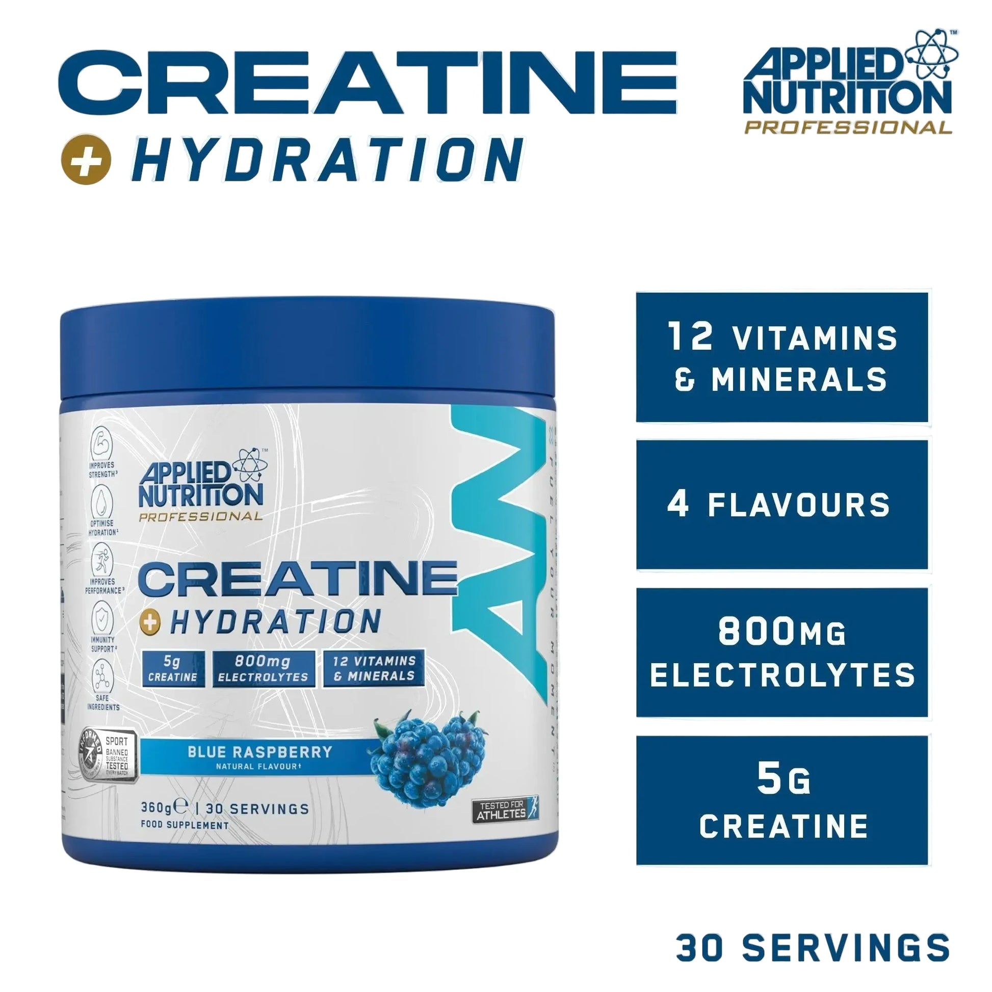 Applied Nutrition Creatine + Hydration supplement container with product details on a white background