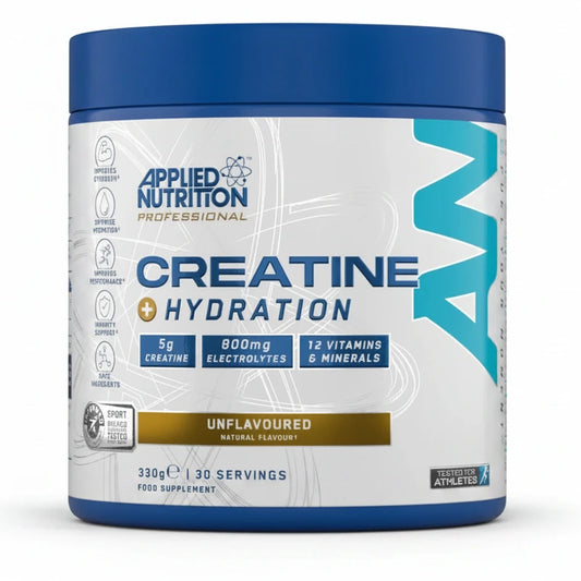 Applied Nutrition Creatine Hydration supplement container with a free gift label on a gray background
