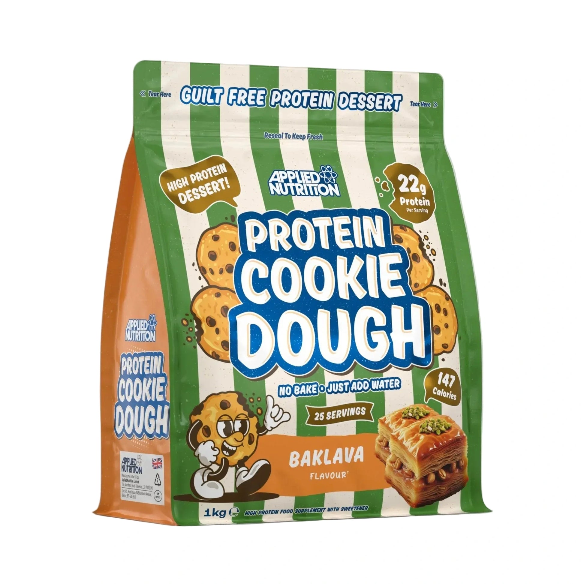 Bag of Protein Cookie Dough with Baklava flavor on a gray background