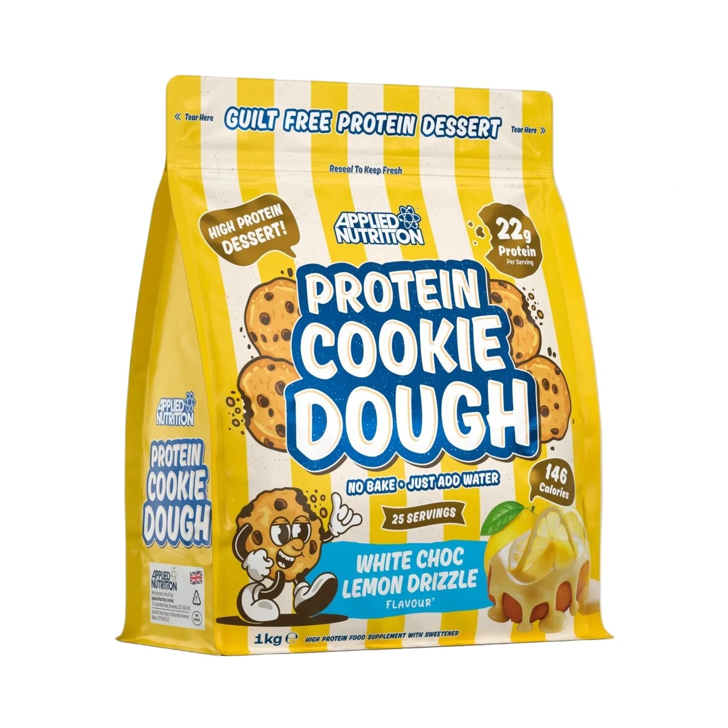 Package of Protein Cookie Dough with yellow and white striped design on a gray background