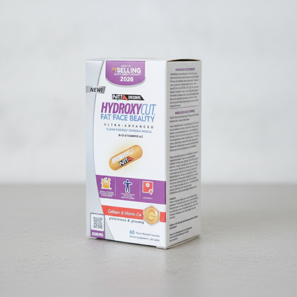 A box of NITL Originals HydroxyCut Fat Face Beauty supplement, shown standing upright on a light gray surface against a neutral light gray background.