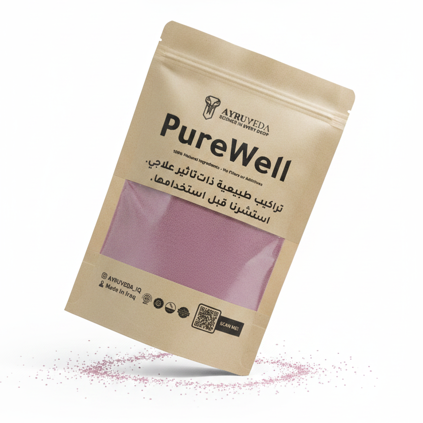 Beige packaging of PureWell with a pink powder inside on a white background
