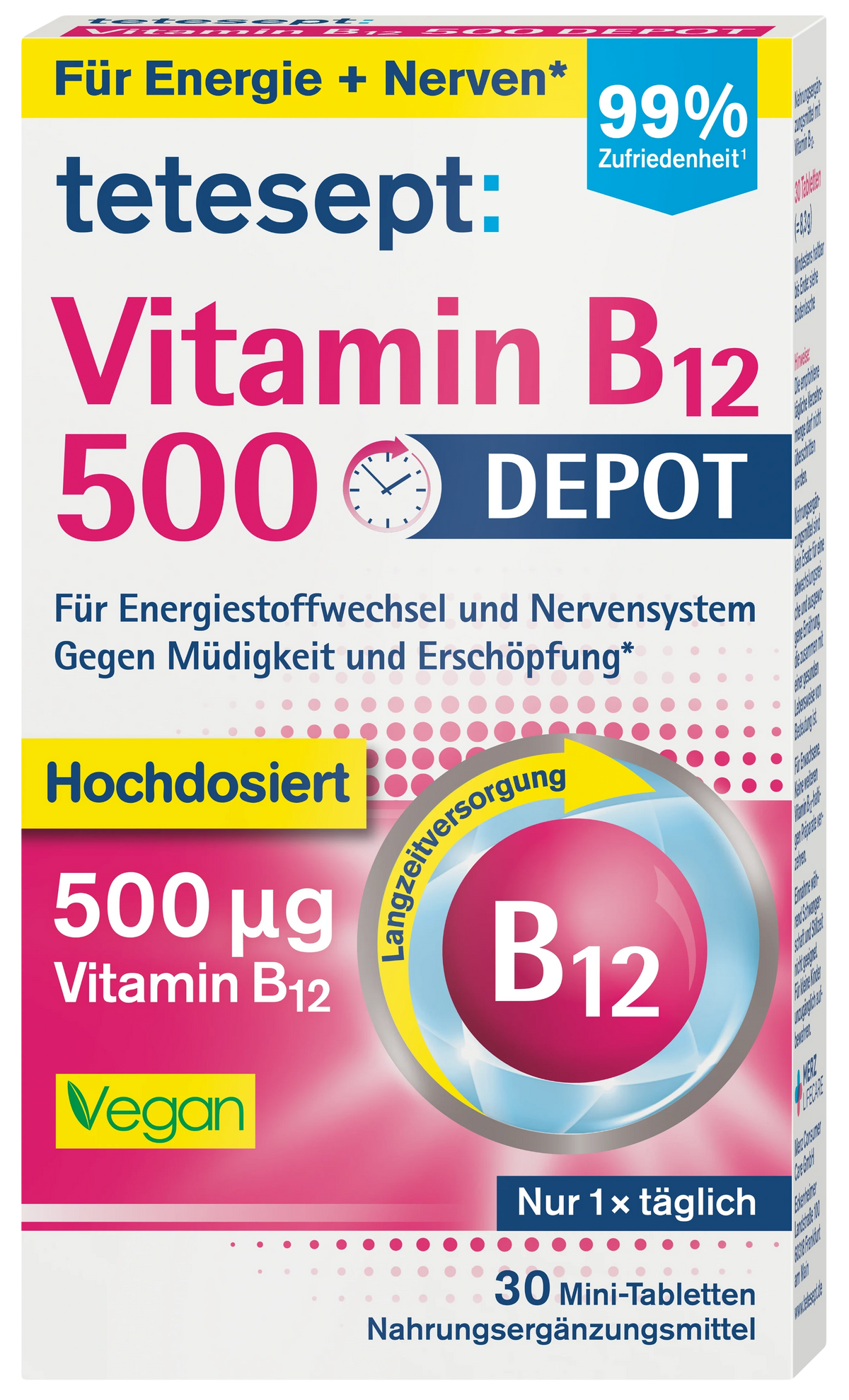 Front-facing box of tetesept Vitamin B12 500 DEPOT dietary supplement in German, with a white, pink, blue, and yellow design and a circular B12 graphic.