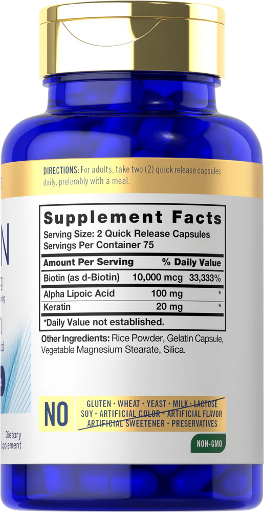 Supplement bottle with blue label and gold cap displaying 'Supplement Facts' on a white background.