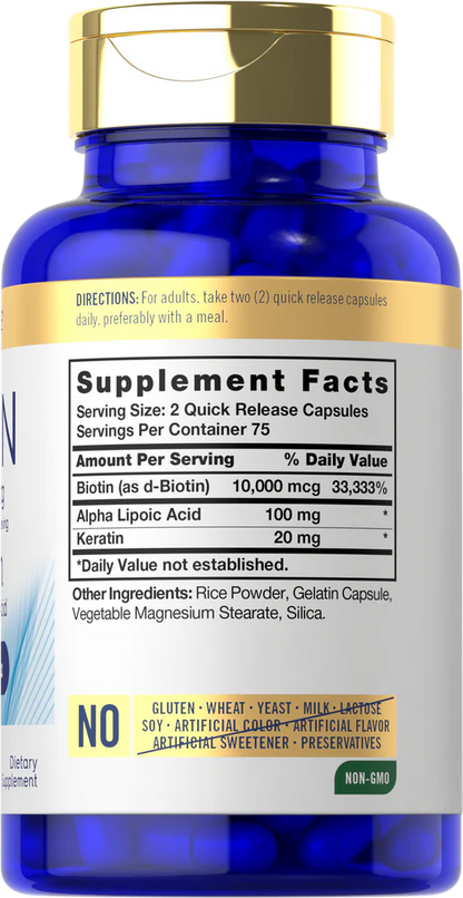 Supplement bottle with blue label and gold cap displaying 'Supplement Facts' on a white background.