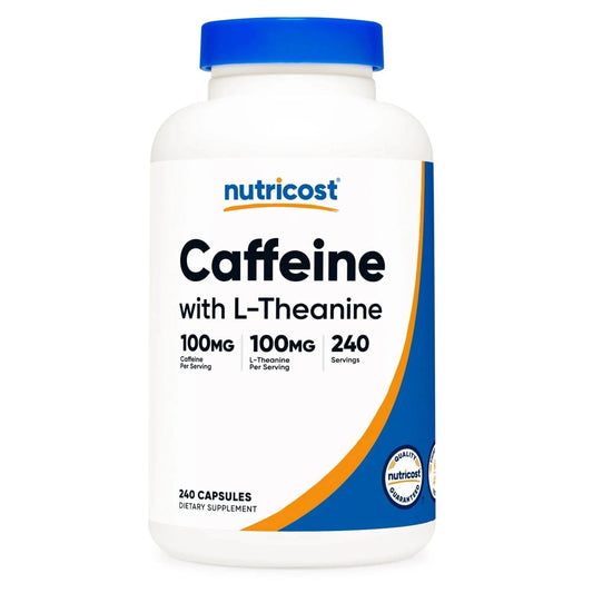 Nutricost Caffeine with L-Theanine supplement bottle on a white background