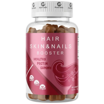 Hair, Skin & Nails Booster gummy supplement bottle with pink label on a white background