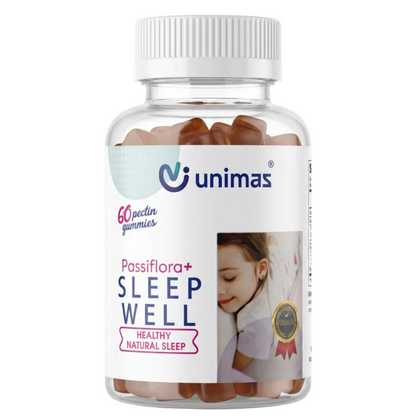 Bottle of Unimas Passiflora + Sleep Well gummies on a white background