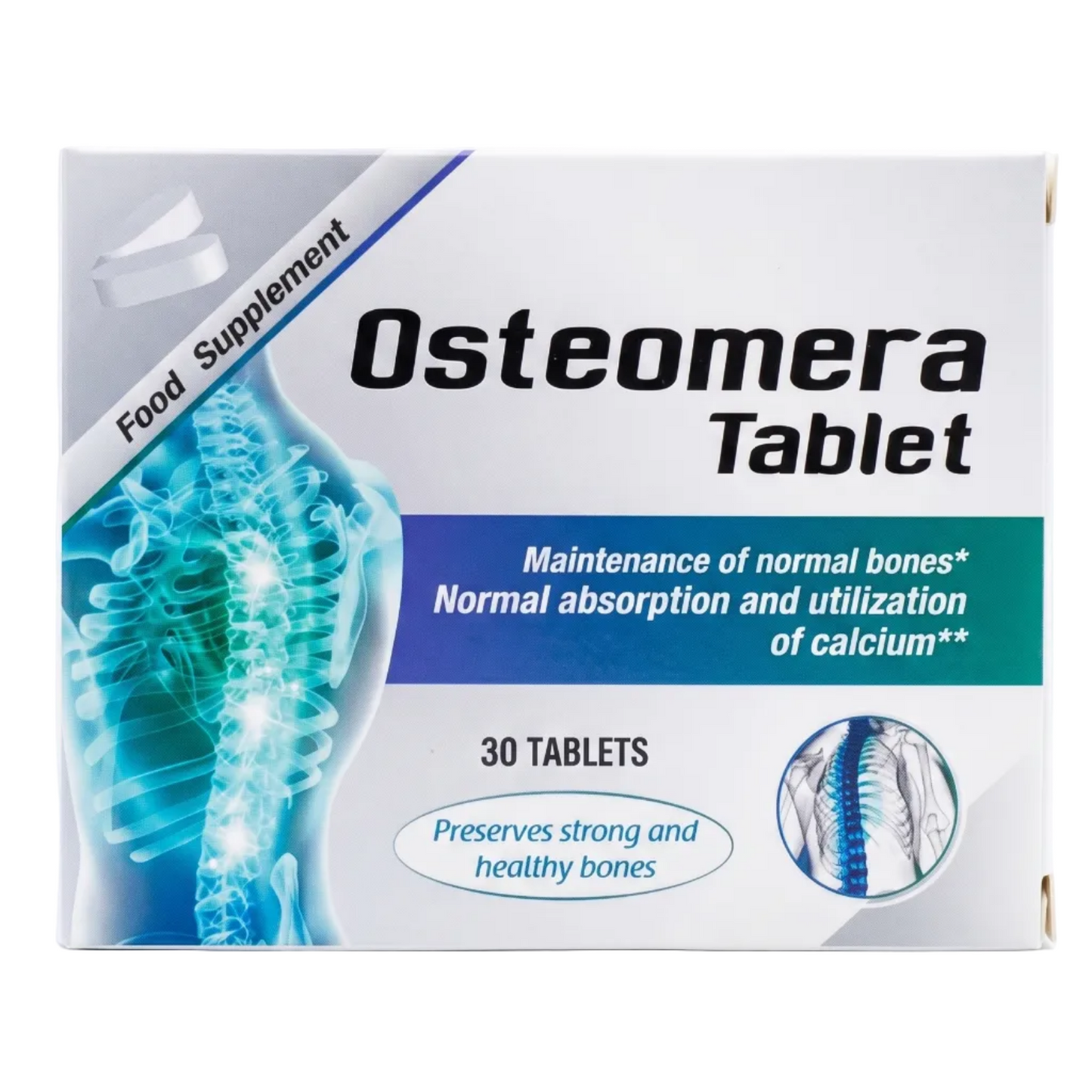 Osteomera Tablet packaging with images of a spine and text on a white background