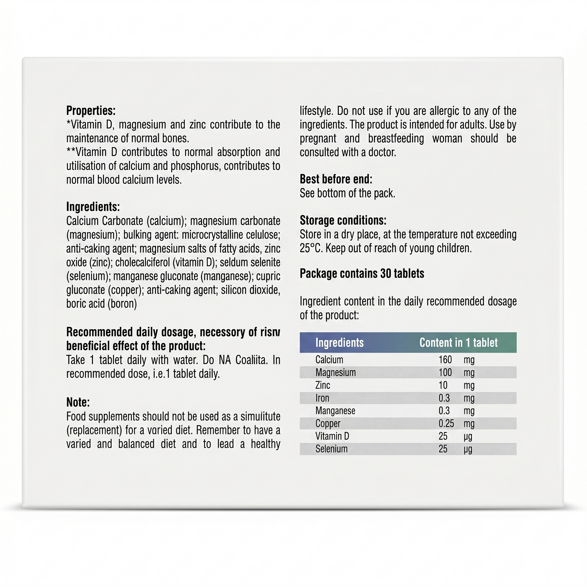 Supplement label with detailed information on ingredients, properties, and usage instructions.