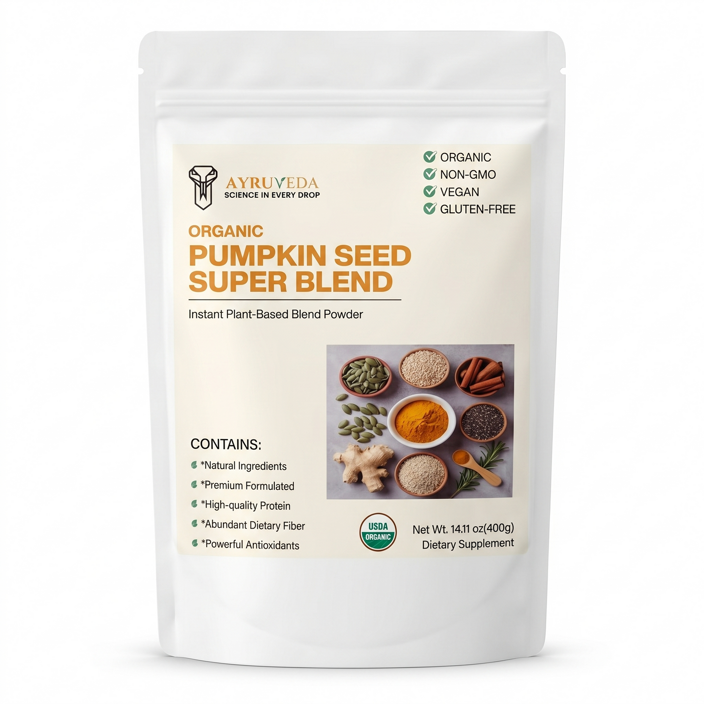 Ayurveda Organic Pumpkin Seed Super Blend package on a white background