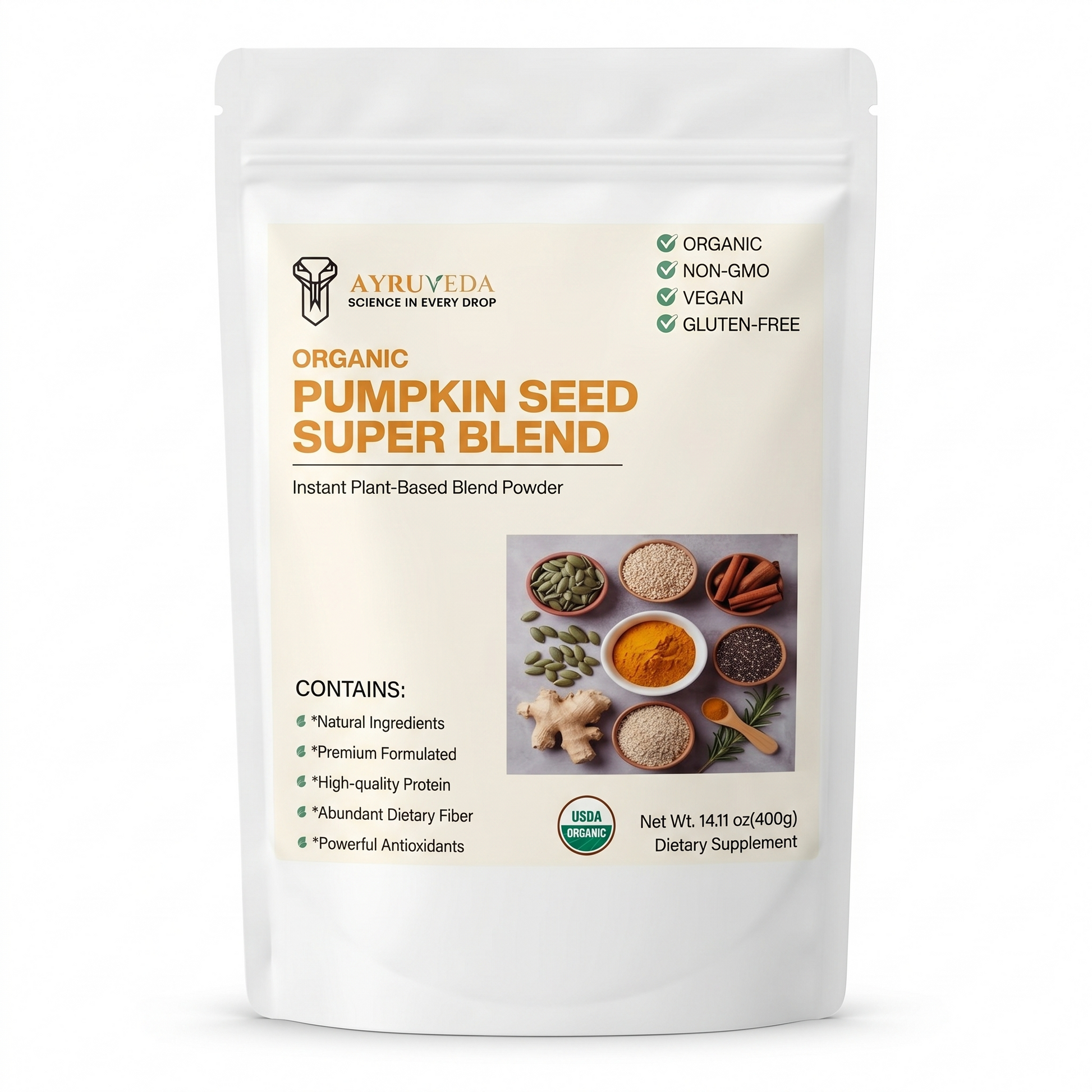 Ayurveda Organic Pumpkin Seed Super Blend package on a white background